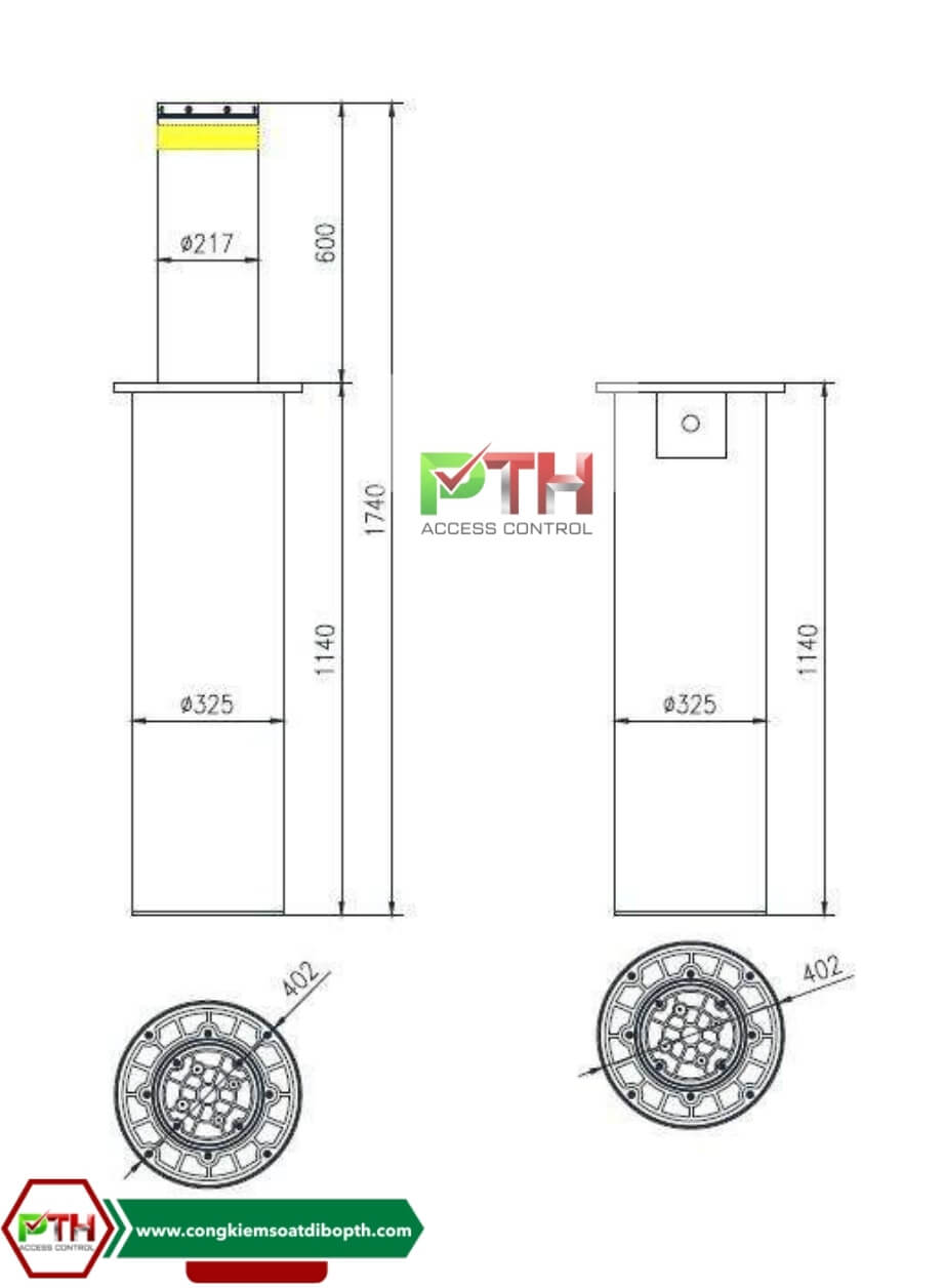 Kích thước chi tiết trụ bollard thủy lực tự động