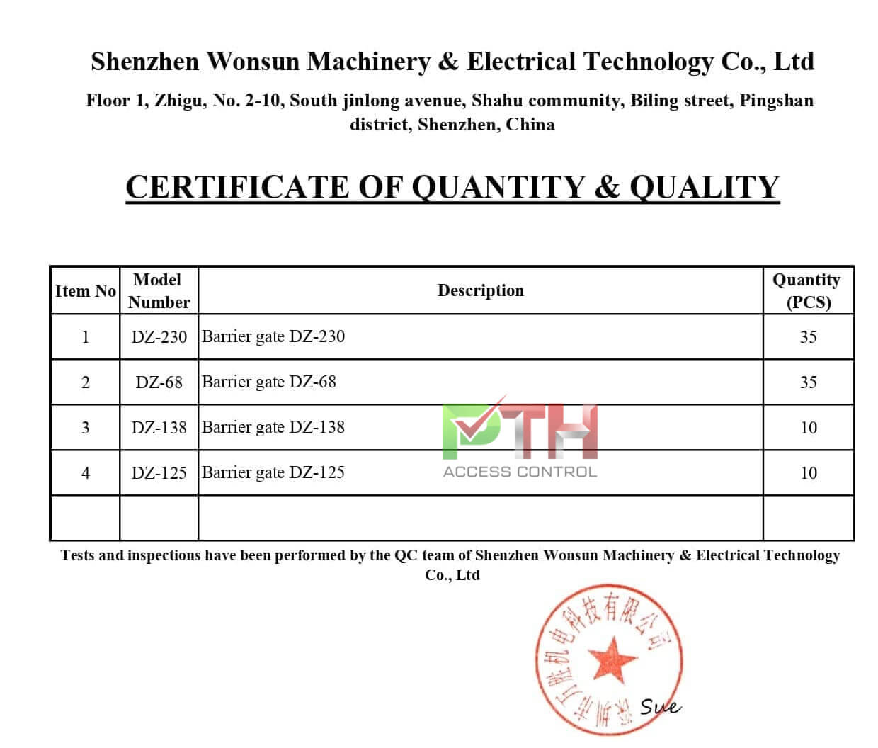 Giấy CQ Certificate of Quality chứng nhận chất lượng barie Giấy CQ Certificate of Quality chứng nhận chất lượng barie