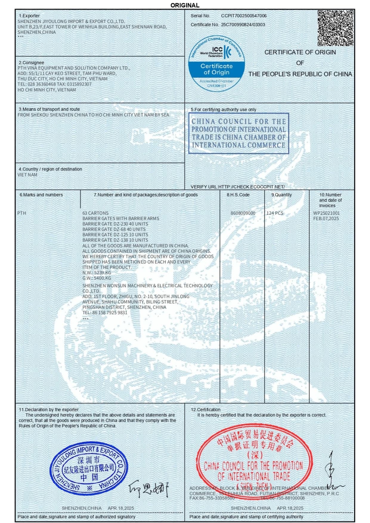 Giấy CO (Certificate of Origin) nhập khẩu barie chính hãng Giấy CO (Certificate of Origin) nhập khẩu barie chính hãng